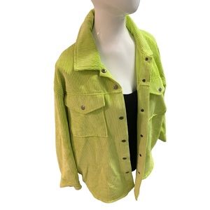 neon lime green corduroy long sleeve snap button up shacket breast pockets